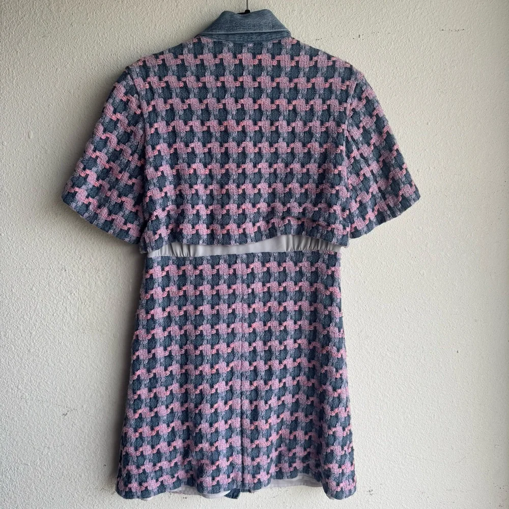 Sandro Amadora Denim Trim Houndstooth Tweed Mini Dress - Picture 8 of 13